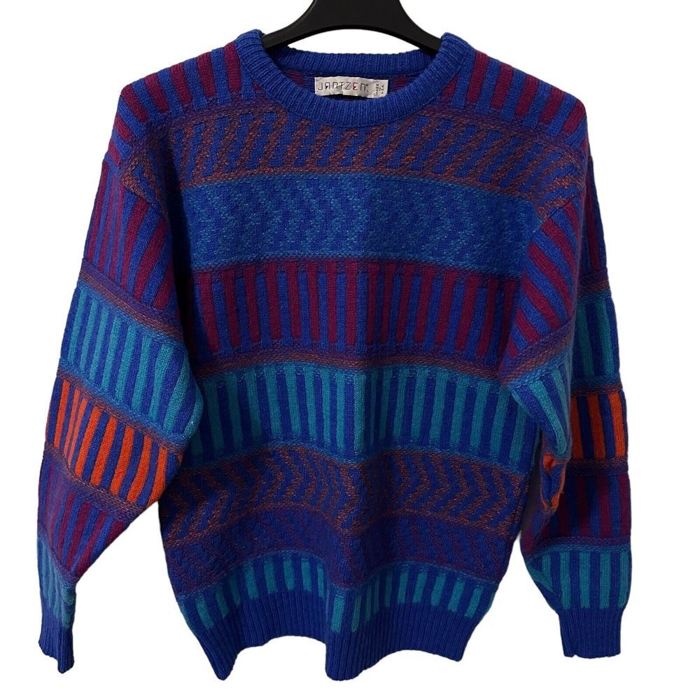Vintage Jantzen 70% Wool Sweater Bright‎ Blue Red Coogi Style pull over Large